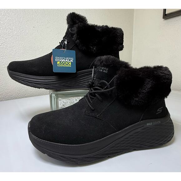 SKECHERS Sz 9.5 Max Cushion Anti Slip Winter Boots Faux Suede and Fur Trim Black - Picture 4 of 11